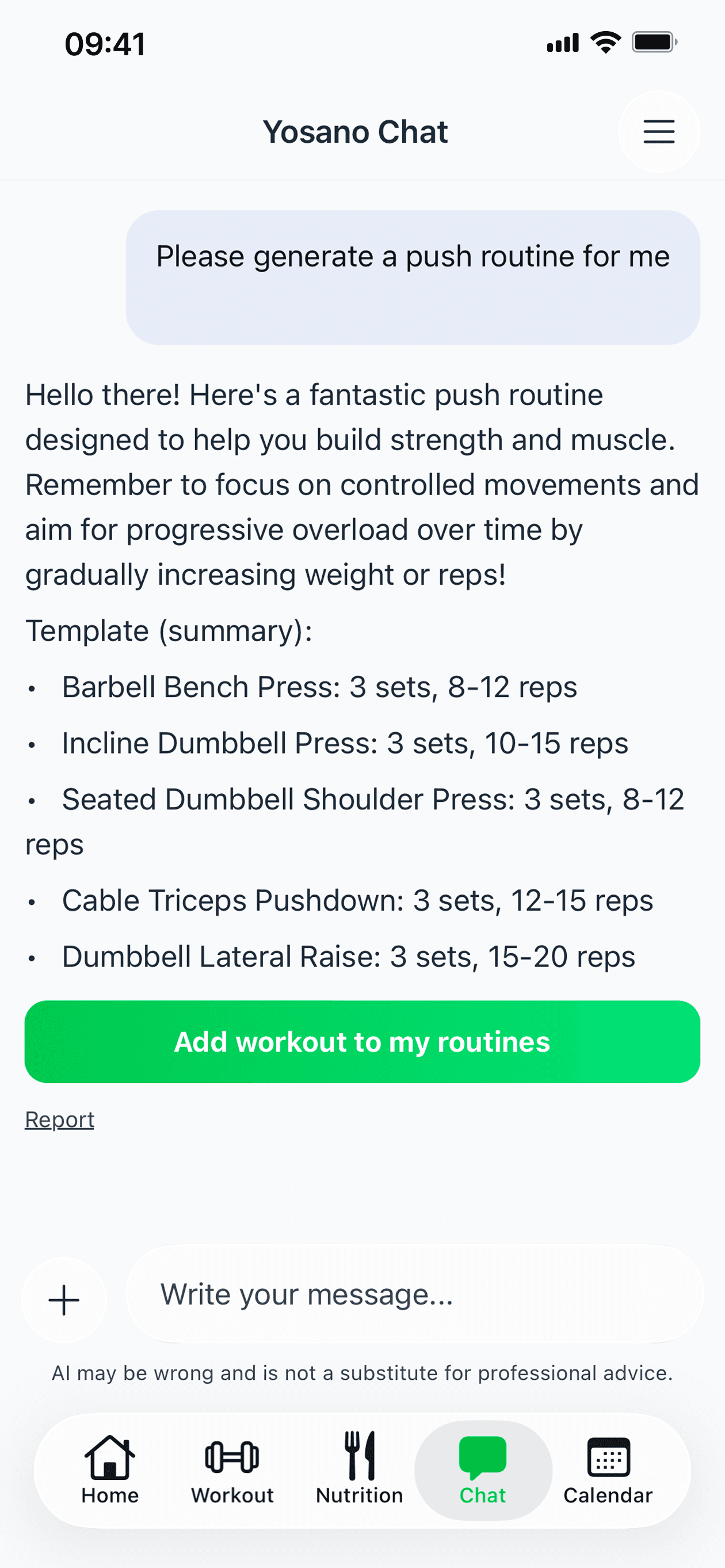Screenshot of Yosano Chat with AI workout coaching