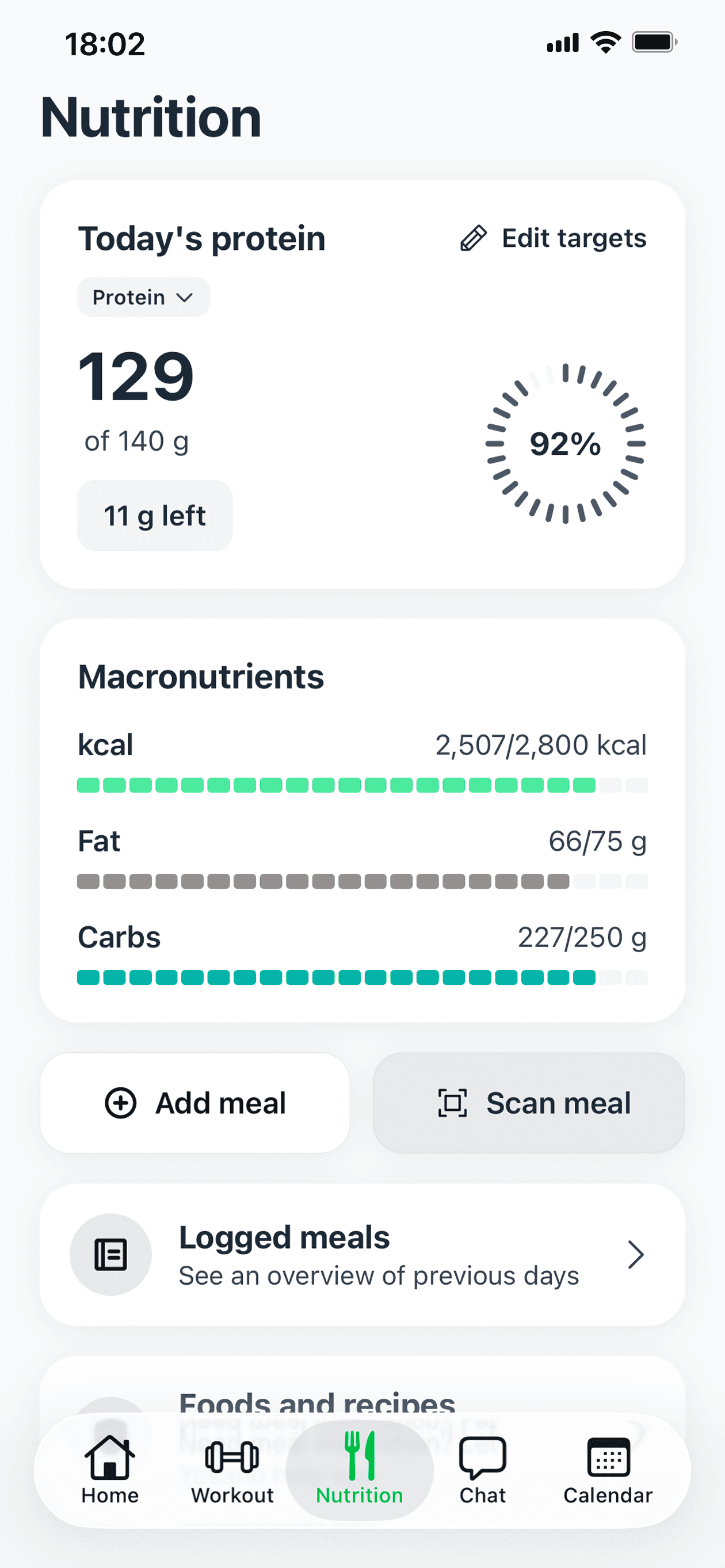 Screenshot of daily calories and macronutrients in Yosano