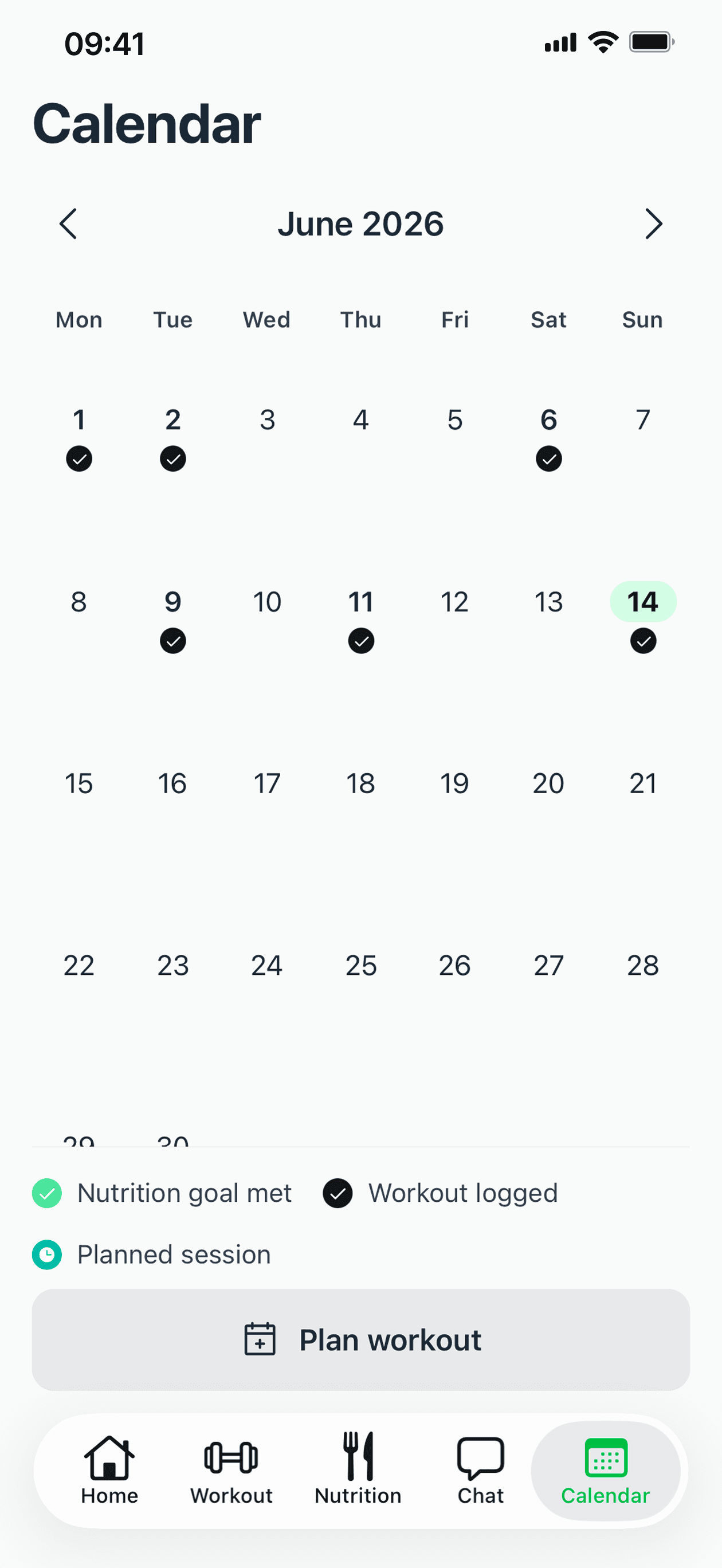 Screenshot of the Calendar in Yosano showing logged meals and workouts